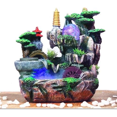 Fake mountain water fountain and fengshui wheel humidifier home decoration craft gift room office small set
