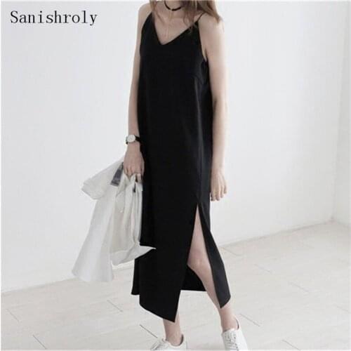 Sanishroly Summer Women Black Spaghetti Strap Dress Sexy V-Neck Split Chiffon Dresses Female Sleeveless Long Dress Vestidos S972