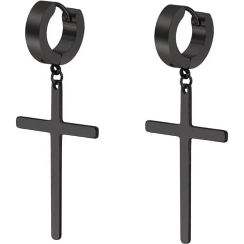 New Punk Fashion Unisex Women Male Prayer Black Original 316 Stainless Steel Huggie Loop Cross Charm Drop Dangle Earrings