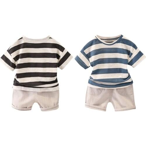 Infant Kids Baby Boy’s Short-sleeved Shorts Set Fresh Stripe Round Neck Tops and Solid Color Short Pants
