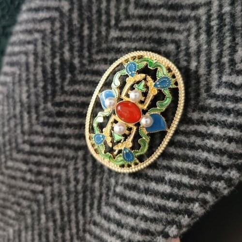 Chinese Style Blue Enamel Pin Drop Oil Brooch Pearl Palace Hanfu Corsage Hollow Out Women Cheongsam Accessories Pin Scarf Buckle