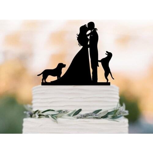 Wedding Cake topper, Bride and Groom with two dogs silhouette cake topper, unique wedding cake top decoration