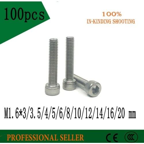100pcs M1.6 *3/3.5/4/5/6/8/10/12/14/16/20 304 Stainless Steel hex hexagon Socket Head Cap Screw Screws M1.6