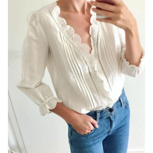 Celia Shirred Blouse Women Long Sleeve Ruffles V neck Chic Elegant Shirts Tops Summer Autumn Embroidery Vintage Tunic 2020