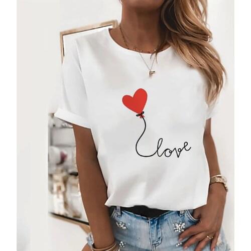 Red Heart Balloon Print Shirt for Women Short Sleeve Summer Loose Ladies TShirt Casual Graphic Tee Top Femme 2021 Kawaii Clothes