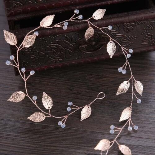 FORSEVEN Women Girl Rose Gold Color Leaf Crystal Beads Headband Bride Noiva Hair Bands Tiaras Crowns Wedding Jewelry Headpieces