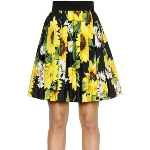 35- summer women vintage yellow sunflower print elastic waistband pleated swing midi skirt in black fashion brand saia faldas