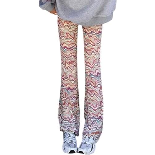 Womens Polyester Casual High Waist Flare Pants Trendy Abstract Striped Print Wide Leg Trouser