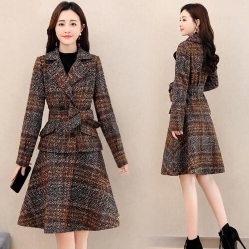 New Plaid Woolen Blazer Skirt 2 Piece Set Women Autumn Winter Notched Collar Long Sleeve Coat&Hight Waist Mini A-Line Skirt Suit