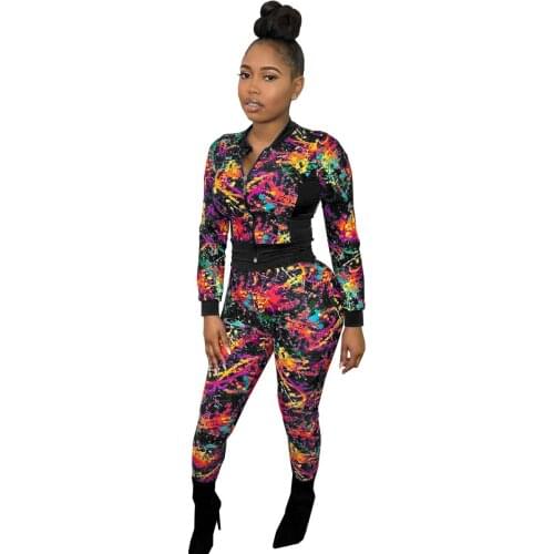 S-XXL Womens Color Block Tracksuit 2 Piece Outfits, Printing Casual Long Sleeve Full Zip Jacket and Pants Sport Set Sweatsuits