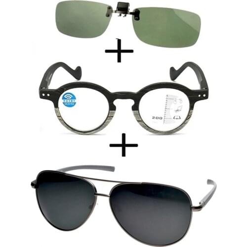 3Pcs!! Wood Progressive Multifocal Far and Near Reading Glasses Men Women + pilot Polarized Sunglasses Outdoor + Sunglasses Clip