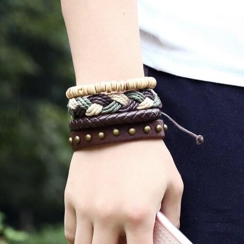 4PCS/Set Retro Vintage Boho Hippie Punk Brown Cord Wrap Brown Leather Leather Beige Beads Multi Layers Bracelets Bangle Unisex