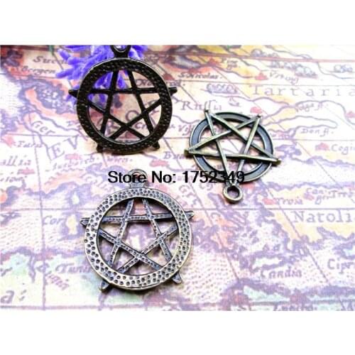 50PCS--Antique bronze Pentacle Star Circle Pendants, Pentagram Charms, Jewelry Making Findings 28x30mm