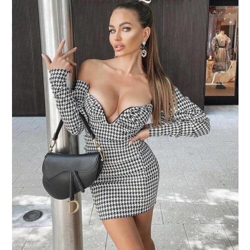 Ailigou New Womens Fashion Houndstooth Pattern Design Sexy Strapless Shawl Long Sleeve Celebrity Party Club Tight Mini Dress