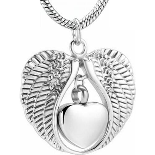 Free Engrave Mini Heart Urn Charm with Angel Wings Cremation Jewelry 316L Stainess Steel Memorial Urn Pendant for Funeral