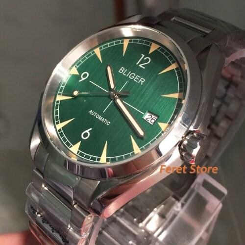 Bliger New 40mm Mens Top Sterile Green Mechanical Watch Silver Case Sapphire Glass Dial Luminous NH35 Movement Automatic Watch