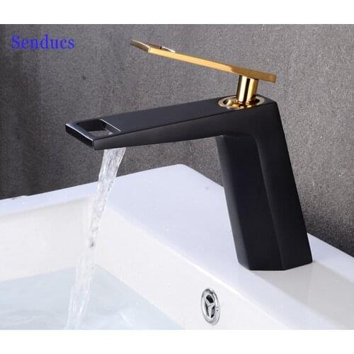 Black Gold Waterfall Basin Faucet Solid Brass Bathroom Wash-basin Faucet Mixer Hot and Cold Function Bat Tap European Style
