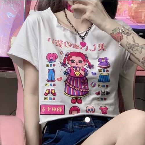 Cute Cartoon Casual Loose Female T-shirt Sweet Girl Japanese Anime Kawaii Print Y2K Summer Streetwear Vintage Graphic Short Tops