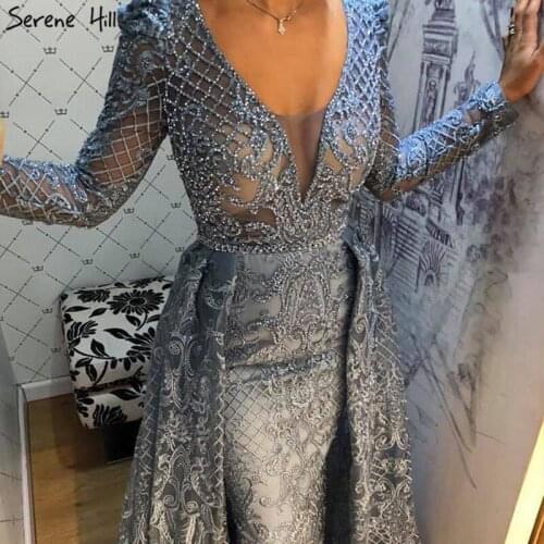 Blue Lace Long Sleeves Luxury Evening Dresses 2020 Dubai V-Neck Crystal Sexy Mermaid Evening Gowns Plus Size LA70159