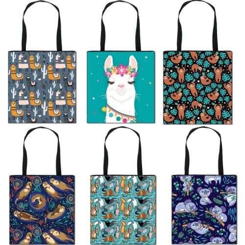 Customized Animal Print Women Shoulder Bag Alpaca sloth otters ferrets Eco Reusable Shopper Bags Large Capacity