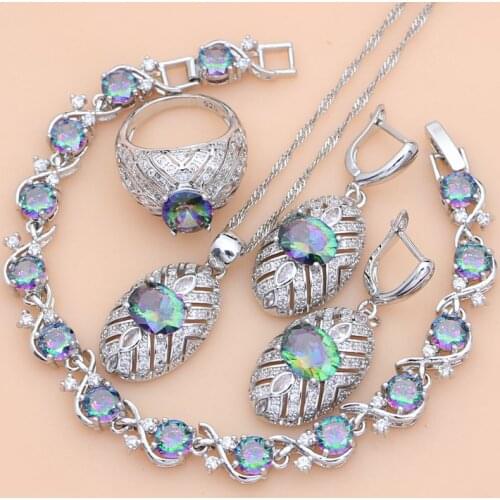 925 Silver Jewelry Sets Mystic Rainbow Fire Cubic Zirconia Jewelry Kit For Women Earrings/Pendant/Rings/Bracelet/Necklace Sets