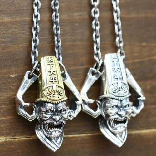 925 silver old style carved evil spirits lucky wealth black and white impermanence sterling silver pendant free shipping