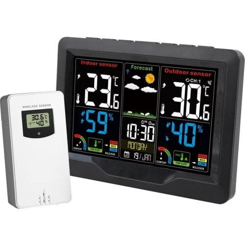 FanJu Weather Station Temperature Humidity Meter Sensor Alarm Trend Forecast Mold Risk Level Comfort Level Digital Watch Tools