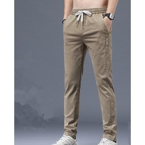 Jogging Casual Pencil Pants Mens Clothing Drawstring Korean Fashion Men Trousers 2021 Summer Thin Slim Fit Brown Black
