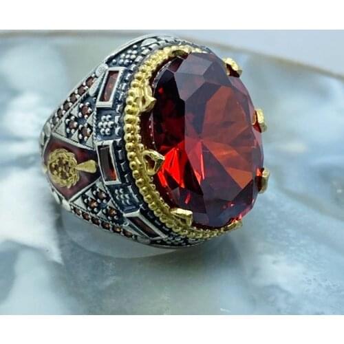 925K Sterling silver Turkish Fine Jewellery Red Zircon Mens Ring All Sizes,Gift For Him