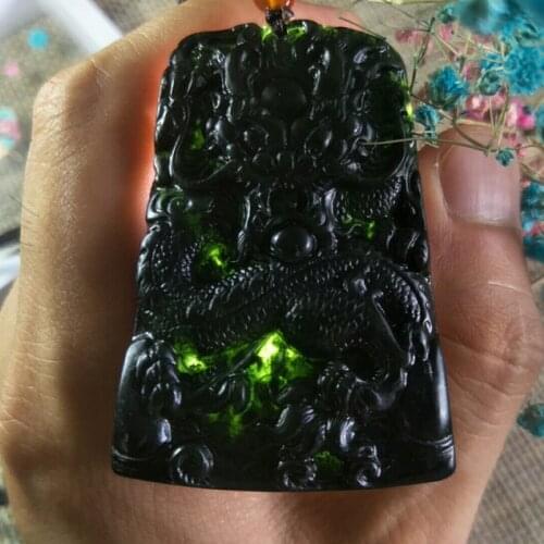 Natural Black-Green Jade Hand Carving Dragon Jade Pendant Jewelry Lucky Exorcise Evil Spirits Amulet Jade Pendant Fine Jewelry