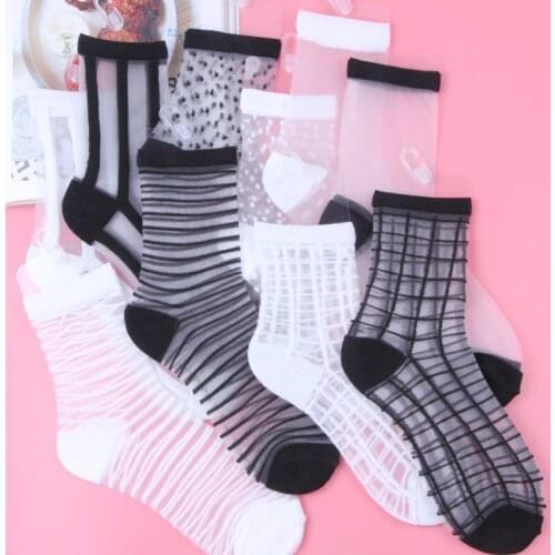 New Glass Silk Crystal Lace Socks Sexy Mesh Fishnet Socks Women Transparent Summer Stretch Elasticity Ankle Yarn Girl Cool Socks