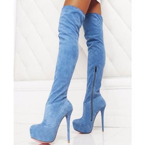 New Women Suede Blue Jeans Slim Sexy Fashion Over-the-Knee Boots Sexy Thin High Heel Boots Platform Woman Thigh High Boots Shoes