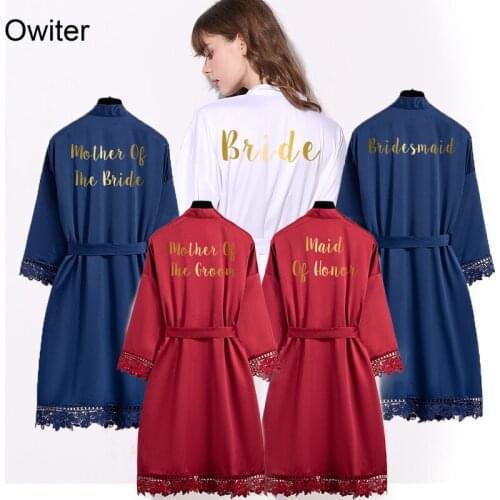 Owiter 2019 New Navy Blue Matt Satin Bride Bridesmaid Robe Silky Lace Bridal Robes Wedding Party Gift Bathrobe Kimono Sleepwear