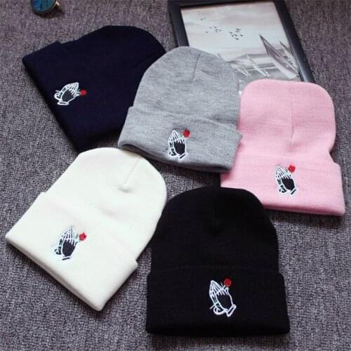 Men Women Knit Hat Autumn Rose Embroider Beanie Solid Color Ski Warm Thick Winter Cuff Lovers Cap High Quality Outdoor For Girls