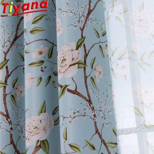 Blue Flowers Printed Curtains for Living Room Rural Village Pastoral Blackout Window Drapes for Bedroom #VT