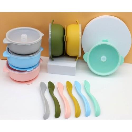 2 Pcs BPA Free Silicone Waterproof Baby Suction Bowl with Lid Training Spoon Set Non-Slip Learning Feeding Food Dish Plate Kids