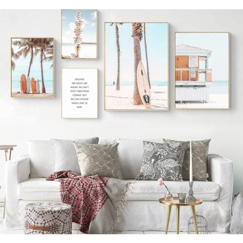 Nordic Fresh Seaside Landscape Surfing Surfboard Palm Tree Canvas Posters And Prints Wall Art Picture For Living Room Decoration