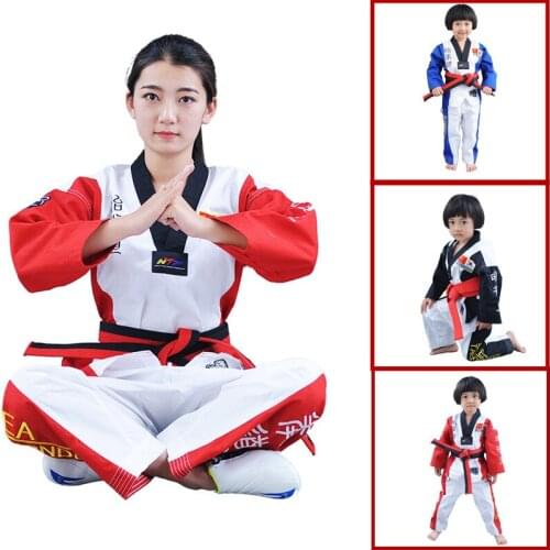Very Good Quality colourful Taekwondo uniform Blue WTF tae kwon do clothes Red karate dobok Chromatic TKD V-neck suit for kids