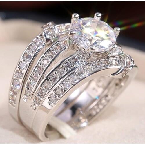 USTAR 3pcs/set Luxury Shiny Cubic Zirconia wedding rings for women fashion jewelry finger wide engagement rings set female anel