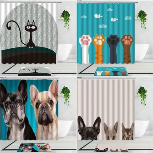 3D Cat Dog Print Waterproof Polyester Fabric Shower Curtains And Bath Mat Cute Cartoon Animal Children Bathroom Bedroom Decor
