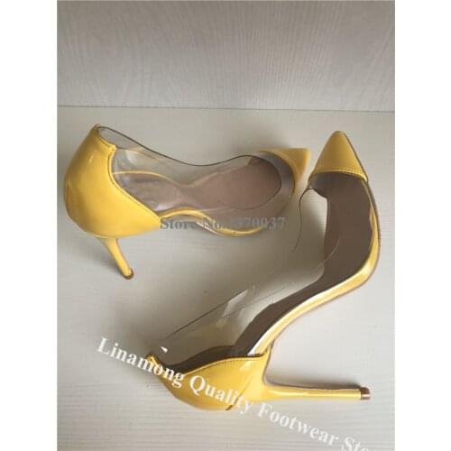 Linamong Designer Pointed Toe Clear PVC Patchwork Stiletto Heel Pumps Slip-on Yellow Red Transparent High Heels Dress Shoes