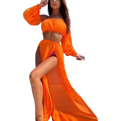 Womens Clothing Set Off Shoulder Long sleeve Tops and Cover Up Skirt Two-piece Solid Color Beach Long Skirt Holiday 2021 New