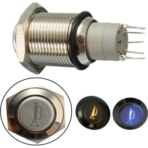 1pc 16mm Car 12V LED Light Momentary Horn Button Metal Switch Push Button 3A 250VAC Blue Red Light
