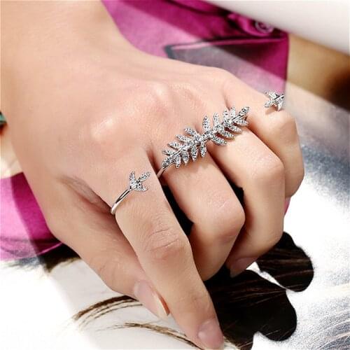 2020 Hot Statement Silver Plated Leaf Shaped Clear Rhinestone Rings for Women Fashion Jewelry