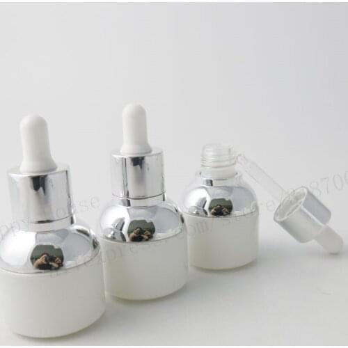 360 x 30ml High Quality Empty Pear White Glass Dropper Bottle With Silver Aluminum Clourse White Rubber 1oz Cosmetic Containers