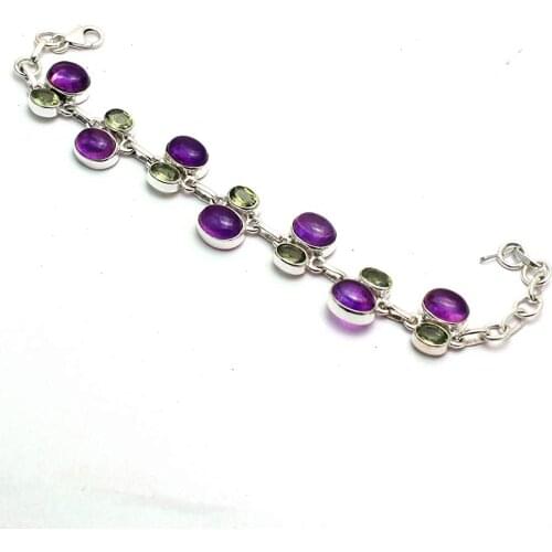 Genuine Amethyst + Peridot Bracelet 925 Sterling Silver, 18.5 cm, GRP0270