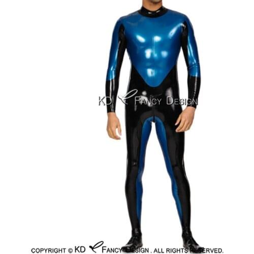 Black And Blue Captain Sexy Latex Catsuit With Back To Crotch Zipper Rubber Bodysuit Zentai Overall LTY-0179
