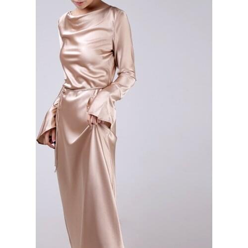 Customized Natural Silk Dress Slash Neck Solid Color Sexy silk Party Dress Classic Flare Sleeve Natural Silk long Dress