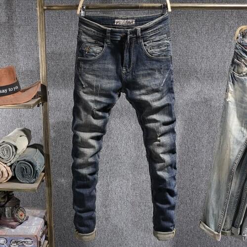European Street Fashion Men Jeans Retro Distressed Washed Slim Fit Ripped Jeans Men Spliced Designer Hip Hop Denim Punk Pants