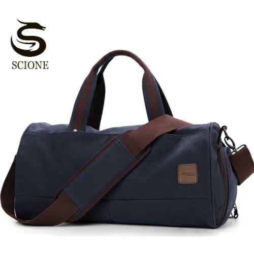 New Unisex Canvas Travel Bags Large Capacity Handbag Fitness Sports Shoulder Bag With Shoes Pocket Luggage Bag Black Khaki XA30M